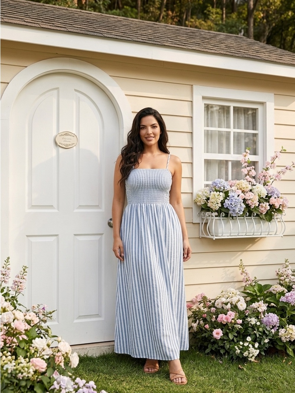 Z Supply Blue and White Striped Smocked Midi Dress